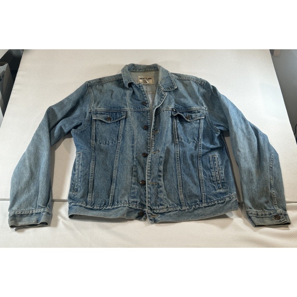 Vintage Great Plains Denim Jean Trucker Jacket XL • Faded Distressed Blue